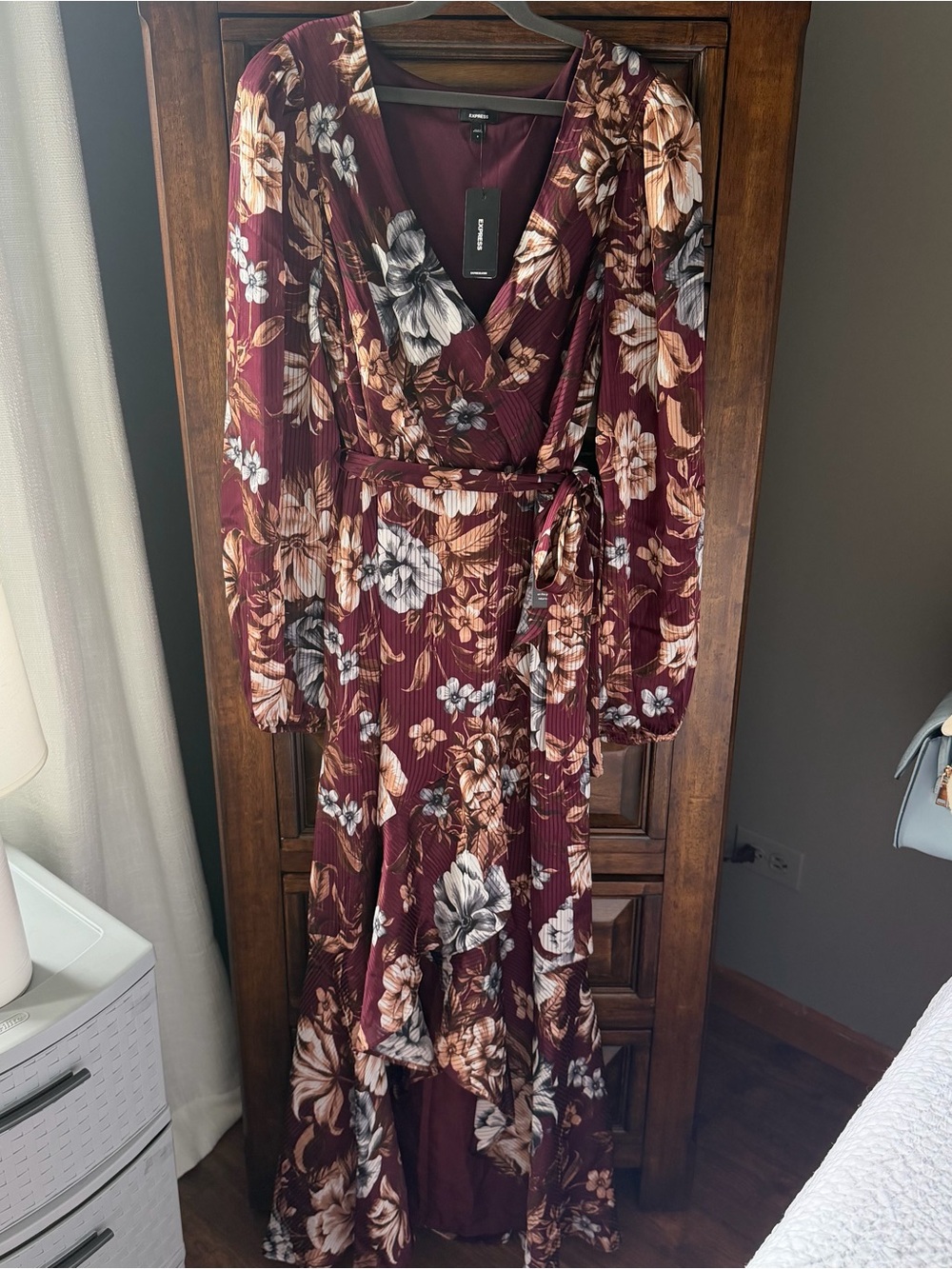 Express Burgundy Floral Wrap Maxi Dress